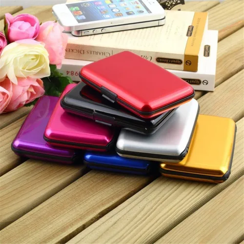 Vista 6 de Funda protectora de aluminio para tarjetas de crédito con bloqueo RFID para mujer, tarjetero, Azul