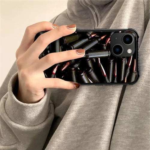 Vista 4 de ZHEGAILIAN Funda compatible con iPhone 14, funda de munición AK 47, parte trasera de vidrio templado+funda protectora de TPU de silicona suave