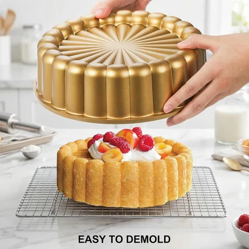 Vista 6 de Goaste Charlotte Cake Pan de 9.5 pulgadas, molde acanalado reutilizable, aluminio antiadherente con forma de flor para queso, chocolate, tarta