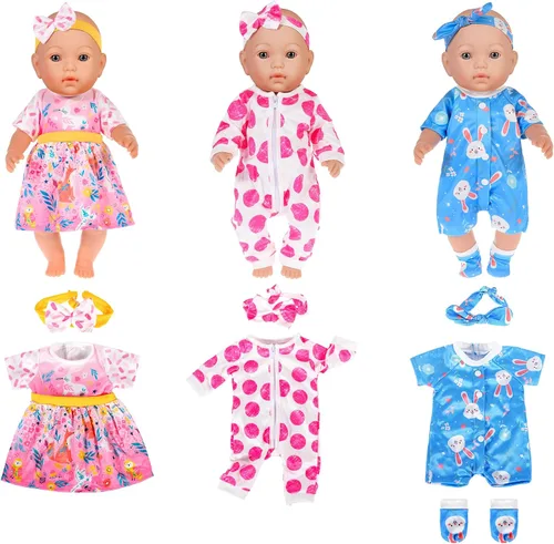 Vista 6 de ebuddy Paquete de 10 ropa de muñeca de bebé para muñecas de 15 a 17 pulgadas, lindos trajes de muñeca con diademas, juego de ropa de muñeca de moda