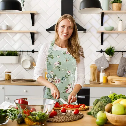 Vista 4 de Delantales florales para mujer, paquete de 2 delantales de cocina con bolsillos para cocinar, hornear, delantal de jardinería, regalos