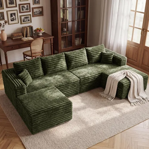 Vista 22 de Sofá modular en forma de L de 118 pulgadas, moderno sofá modular de pana de espuma viscoelástica de 4 plazas con otomana, asiento profundo tapizado