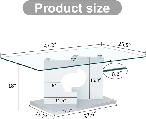 Vista 2 de TesNus Mesa de centro rectangular de cristal, mesa de centro moderna de vidrio templado transparente para sala de estar, base lineal blanca