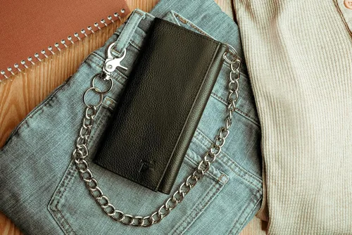 Vista 5 de Cartera larga de cuero genuino para hombre, triple cubierta de chequera, bloqueo RFID, múltiples ranuras para tarjetas, bolsillo con cremallera