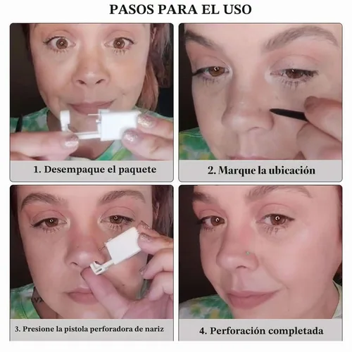 Vista 5 de Kit de perforación de nariz, pistola de perforación de nariz desechable con juego de anillos de nariz Blanco