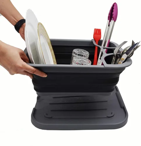 Vista 2 de SAMMART Escurridor de platos plegable con bandeja, juego de escurridor plegable, organizador de vajilla portátil, bandeja de almacenamiento
