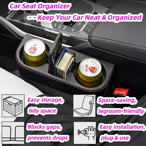 Vista 2 de Expansor de portavasos para automóvil y relleno de espacio para el asiento, funda de piel sintética con costuras, organizador de asiento delantero