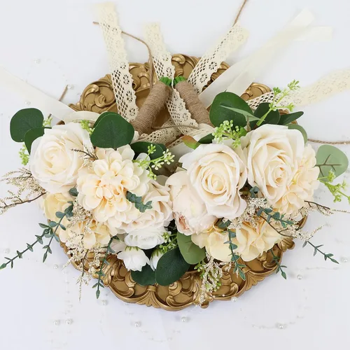 Vista 4 de Ramos de novia bohemios para boda, ramos de 9 pulgadas de flores artificiales para decoraciones de centro de mesa de ceremonia y aniversario, rosas