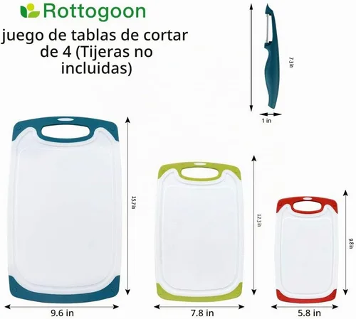 Vista 2 de Juego de 4 tablas de cortar de plástico para cocina, con patas antideslizantes y ranura profunda para jugo, mango de fácil agarre, apto