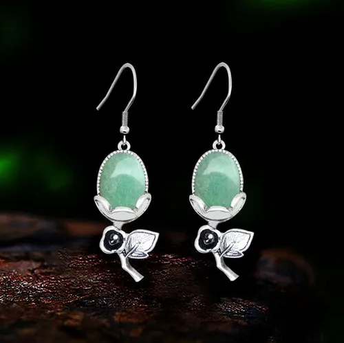 Vista 2 de Natural Stone Amethysts Quartz Rose Flower Pendant Earrings For Women Antique Silver Plated Tiger Eye Fashion Earring Jewelry