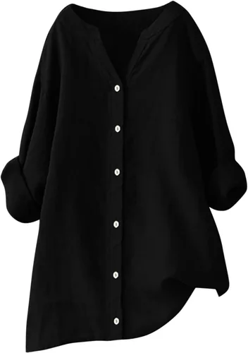 Vista 8 de Camisas de algodón y lino con botones para mujer, cuello en V, manga larga, blusas elegantes y casuales