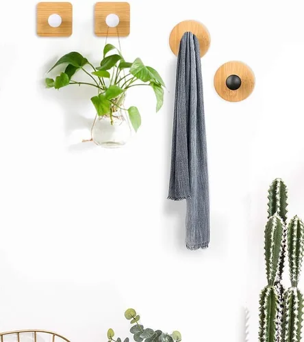 Vista 2 de Ganchos de madera para colgar en la pared, para colgar en la puerta, para ropa, autoadhesivos, para cortina de ducha de madera, gancho decorativo