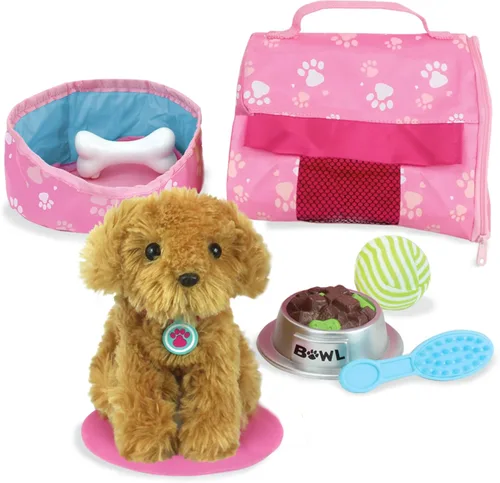 Vista 7 de Sophia's Muñeca de 18 pulgadas, Juego de 8 piezas de Cachorro de Peluche Marrón Dorado, Transportadora y Accesorios Set para perros