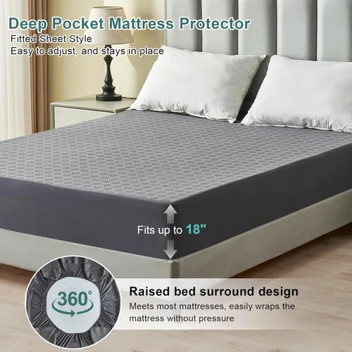Vista 4 de Protector de colchón impermeable tamaño Queen, funda de cama transpirable con bolsillo de 6 a 18 pulgadas de profundidad, sábana bajera silenciosa