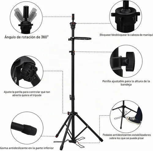 Vista 2 de Klvied Soporte para peluca con trípode ajustable, soporte para cabeza de maniquí con panel para pies, cabeza de peluca de metal reforzada