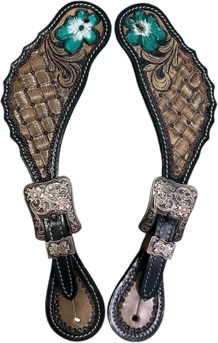 Vista 2 de Majestic Ally Western Spur Straps, Genuine Leather, Antique Hand Tooling, Adjustable Stainless Steel Buckle