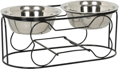 Vista 5 de YML Soporte de hierro forjado de 5 pulgadas con pequeño tazón de alimentador doble de acero inoxidable