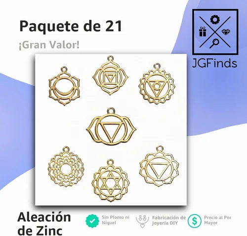Vista 3 de JGFinds Colgantes de chakra, dijes de energía india, 21 piezas (3 de cada uno), Zinc
