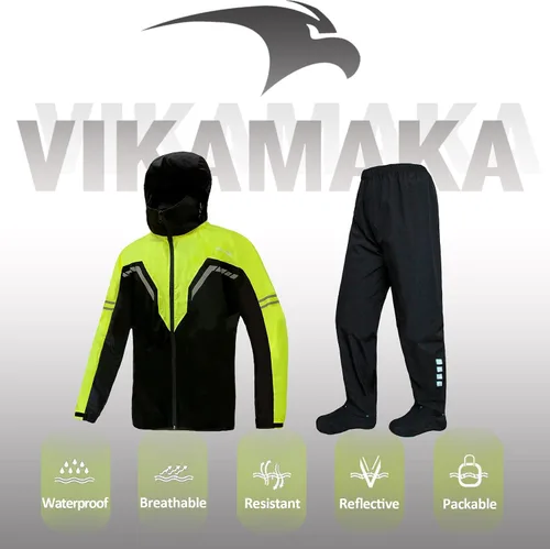 Vista 2 de Traje de lluvia impermeable para hombres, chaqueta de lluvia ligera con pantalones de 2 piezas, sombreros dobles para motocicleta y ciclismo