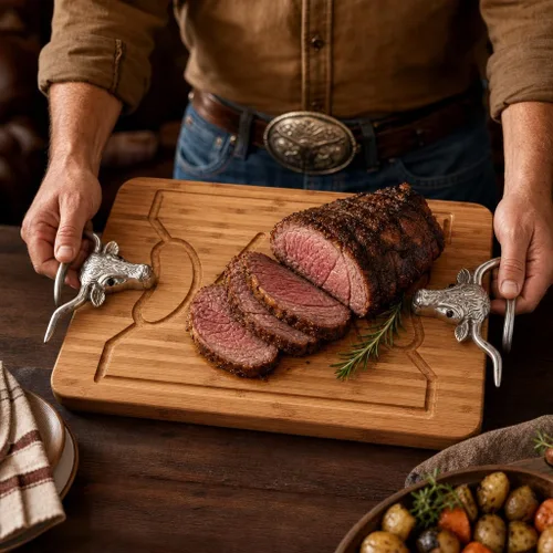 Vista 4 de Arthur Court - Tabla de tallar de madera de bambú con mango de aluminio, perfecta para servir carnes o aperitivos, 20 x 13 pulgadas