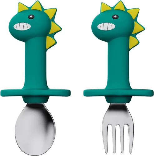 Vista 10 de Juego de tenedores y cucharas para bebé, utensilios de entrenamiento para bebés, cubiertos de silicona y acero inoxidable para niños y niños