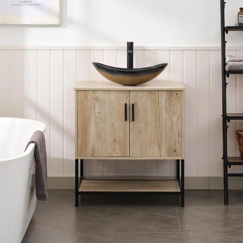 Vista 49 de UEV Juego de tocador de baño antiguo de 24 pulgadas, color marrón oscuro con lavabo, armario de baño de madera de hierro con grifo de temperatura