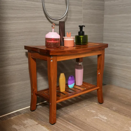 Vista 2 de Banco de ducha de teca VaeFae, banco grande Taburete de baño con estante de almacenamiento, asiento de teca sólida para ducha interior y uso
