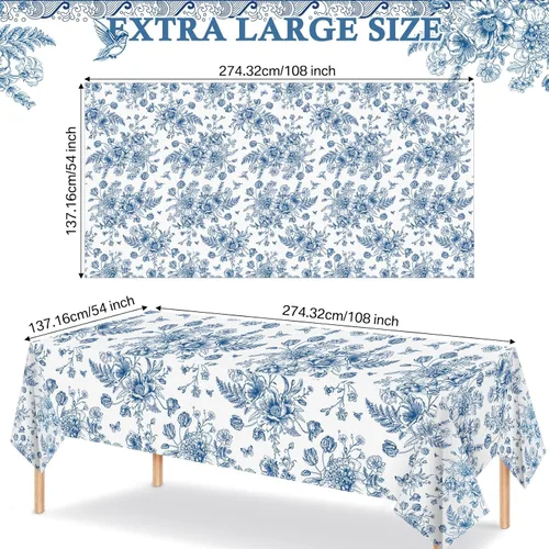 Vista 2 de Tiamon 1 mantel de plástico floral azul de 54 x 108 pulgadas, mantel rectangular vintage desechable con flores azules azul marino y blanco