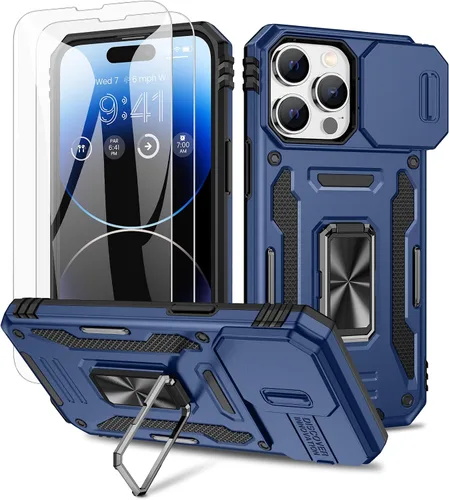 Vista 10 de Maxdara Funda para iPhone 14 Pro Max, con cubierta deslizante para cámara y soporte giratorio de 360° integrado y protector de pantalla de vidrio