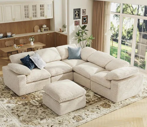 Vista 14 de KKL Sofá modular de 150 pulgadas, sofá modular en forma de U con otomana, sofá de pana sin hueso para sala de estar y dormitorio, sofá modular Negro
