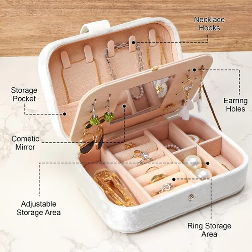 Vista 3 de Fixwal Joyero de viaje de terciopelo de felpa, pequeño organizador de joyas de viaje para mujeres y niñas, joyero portátil con espejo para anillos