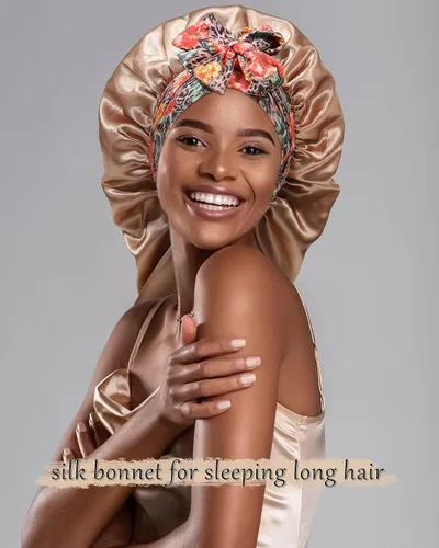 Vista 7 de Gorro largo de satén para trenzas, capó de seda para dormir, banda elástica para mujeres negras, cabello rizado