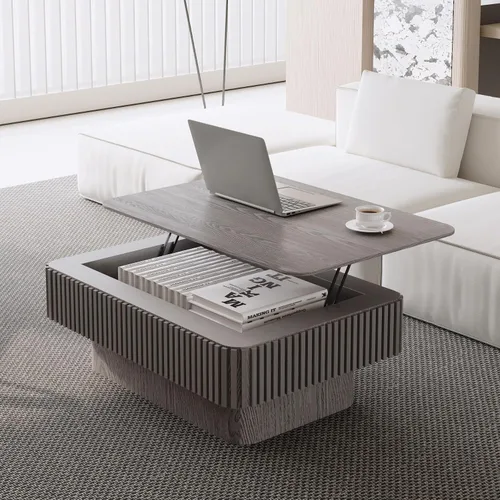 Vista 16 de Mesa de café cuadrada pequeña con almacenamiento, mesa de café moderna de madera con chapa de madera maciza, mesa central estriada