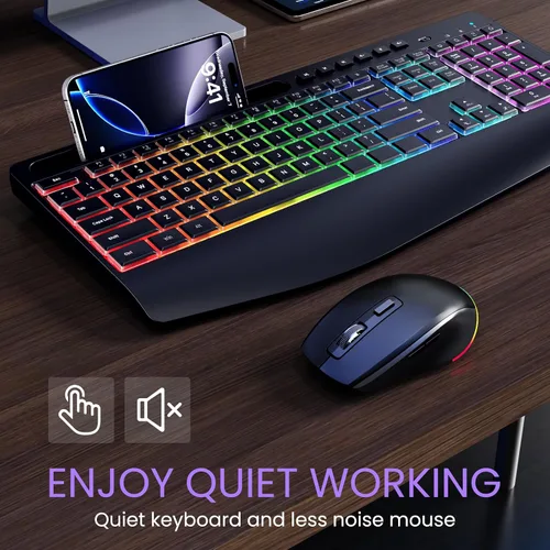 Vista 7 de Combo de teclado y mouse inalámbricos: teclado recargable VEILZOR 2.4G con soporte para teléfono, reposamuñecas ergonómico, 9 efectos