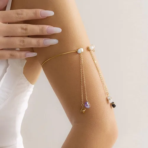 Vista 5 de Jovono Brazalete bohemio con colgante de piedra curativa para la parte superior del brazo, borla abierta, joyería delicada para el brazo para mujer