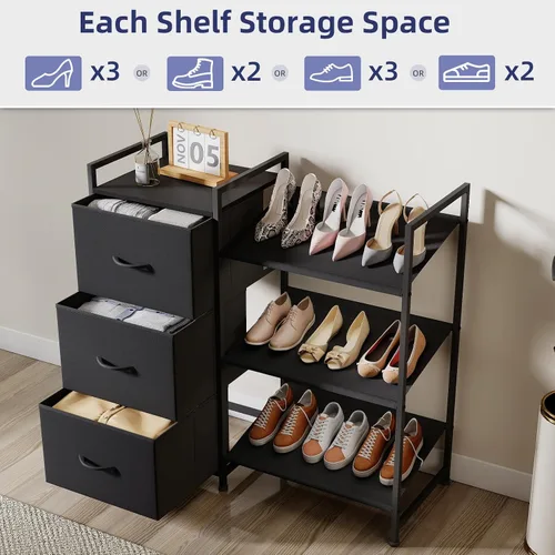 Vista 6 de Somdot Zapatero, organizador de zapatos de 3 niveles con 3 cajones, estante de almacenamiento de zapatos de metal para 6-9 pares de zapatos, Negro