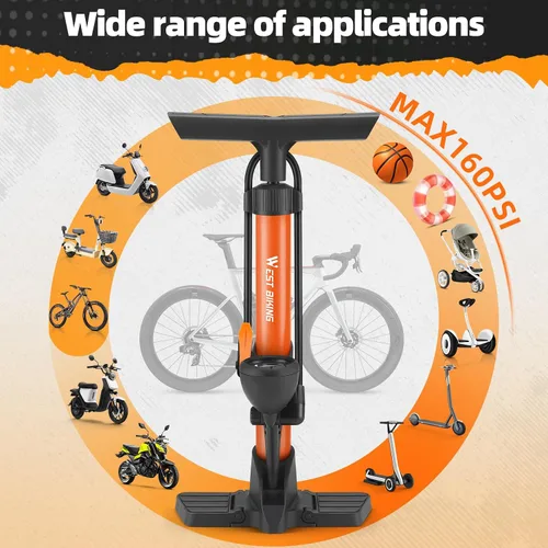 Vista 8 de Bomba de piso para bicicleta, bomba de bicicletas con manómetro, bomba de aire de bicicleta con alta presión de 160 psi, bomba de neumáticos