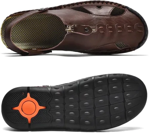 Vista 5 de MCEMACHI Men Closed Toe Leather Beach Sandals,Handmade Fashion Fisherman Waterproof Slides Sandal,Casual Water Slippers Shoes