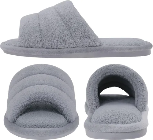 Vista 3 de shevalues Pantuflas de tela de rizo con punta abierta para mujer, pantuflas de espuma viscoelástica