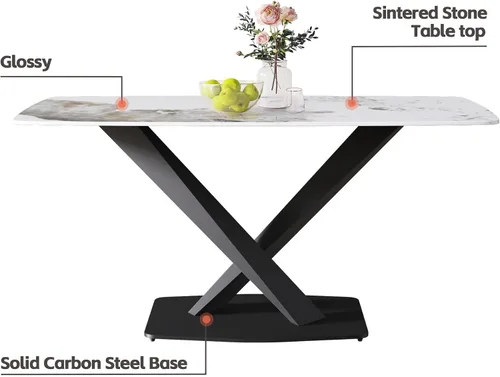Vista 5 de Mesa de comedor moderna, mesa de comedor de piedra sinterizada blanca antigua con base de acero al carbono sólido en forma de X, mesa de comedor