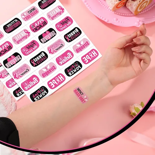 Vista 4 de Landhoow 240 piezas de tatuajes faciales para concientización sobre el cáncer de mama, cinta rosa a granel, tatuaje temporal, purpurina para ojos