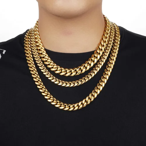 Vista 2 de GUQILA Cadena de eslabones cubanos para hombre, acero inoxidable, chapado en oro de 18 quilates, collar de cadena cubana de Miami, plata hip-hop