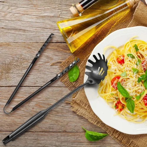Vista 5 de Patelai Juego de cuchara de espagueti y pinzas para pasta, herramientas de servicio de fideos de mango largo con orificios de drenaje, agarre Negro