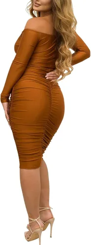 Vista 2 de Elainone Vestido midi entallado de manga larga con hombros descubiertos para mujer, vestido de invitada de boda, elegante, cóctel, fiesta, club