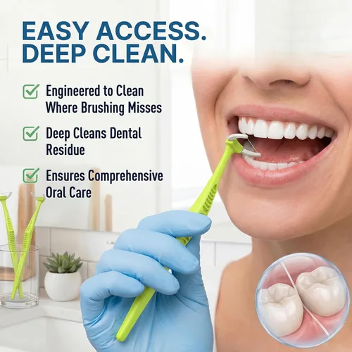 Vista 5 de RAZOKO Kit de hilo dental de mango largo (1 mango verde + 120 recambios) Púas de hilo dentales extra fuertes resistentes a la rotura para dientes