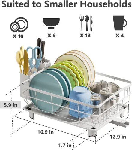 Vista 6 de AIDERLY Escurridor de platos de hierro, escurridor de platos de drenaje automático, colador de encimera de cocina con bandeja de drenaje, todo