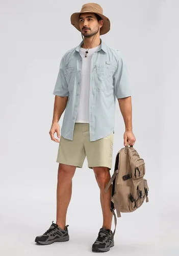 Vista 6 de Pudolla Pantalones cortos de senderismo para hombre, pantalones cortos de verano para viajes al aire libre para hombres con bolsillos con cremallera