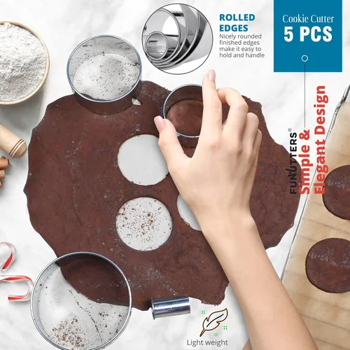 Vista 4 de Juego de cortadores de galletas, juego de 5 piezas, mide 1, 2, 3, 4 y 5 pulgadas, anillos redondos de metal para hornear repostería, galletas