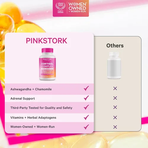 Vista 4 de Pink Stork Suplementos de cortisol para mujeres, apoyo suprarrenal adaptogénico y administrador del estrés con Ashwagandha orgánica, Omega 3