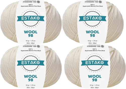 Vista 28 de Estako Wool 98 (paquete de 4 madejas) 100% lana merino superwash lana merino de peso medio suave hilo para tejer y ganchillo (4 x 1.76 onzas)